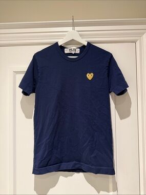 Comme des Garcons PLAY Navy Short Sleeve T-Shirt with Yellow Heart Patch